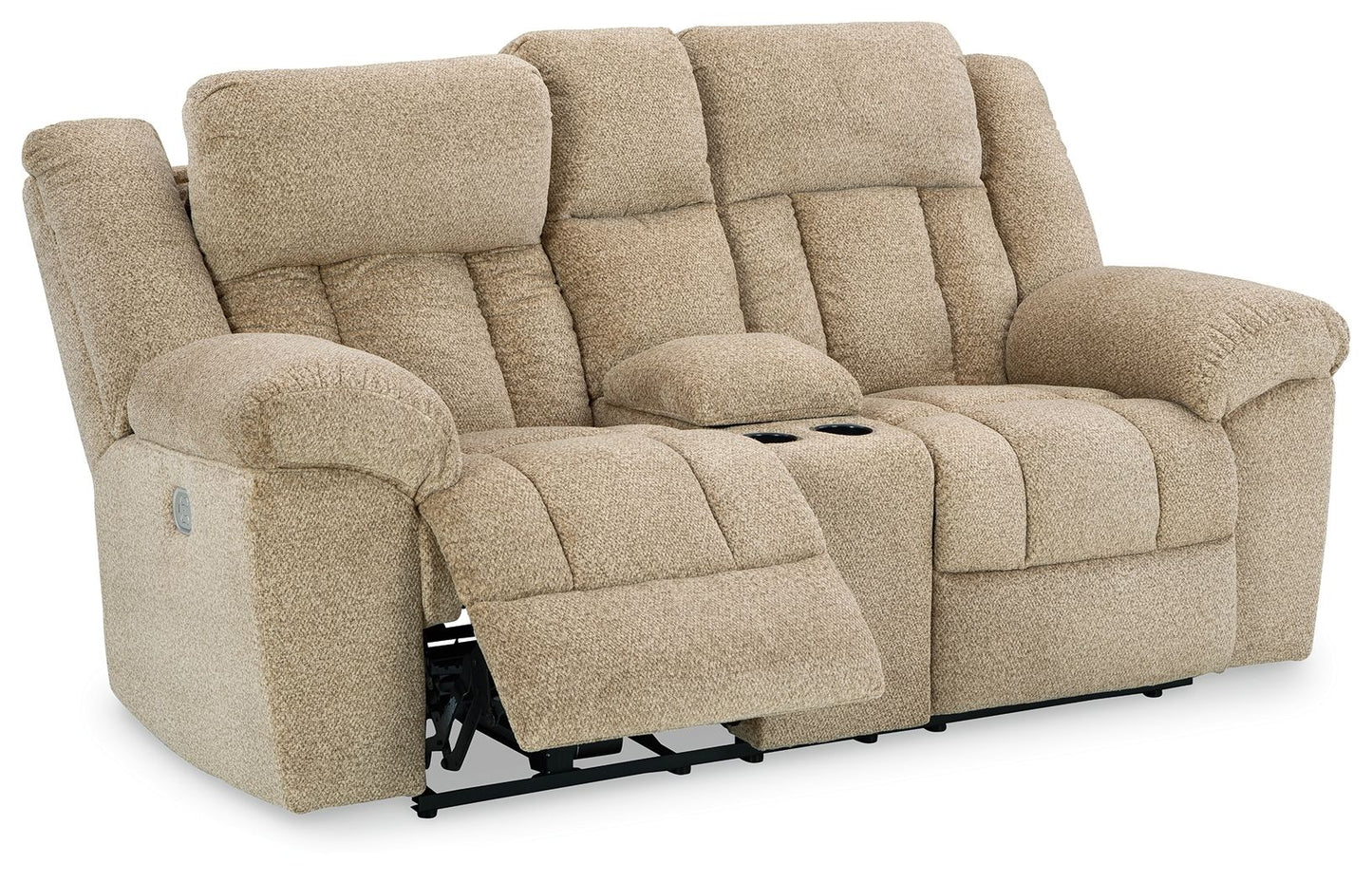 Beige Fabric Upholstered Reclining Loveseat - rear view
