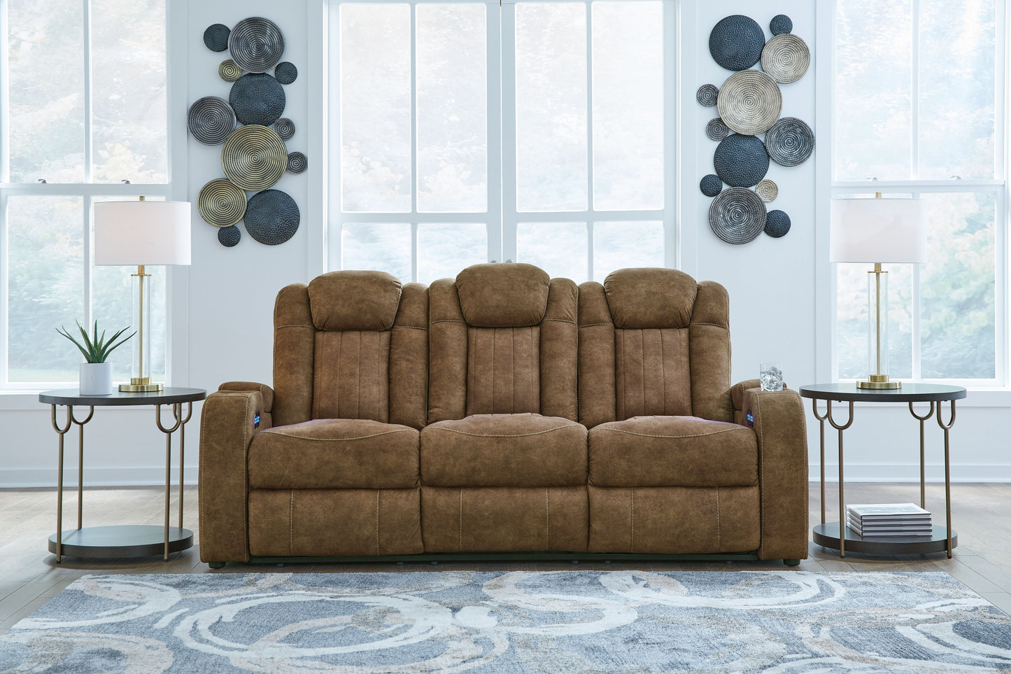 Brindle Fabric Upholstered Storage Reclining Sofa And Loveseat - rear view