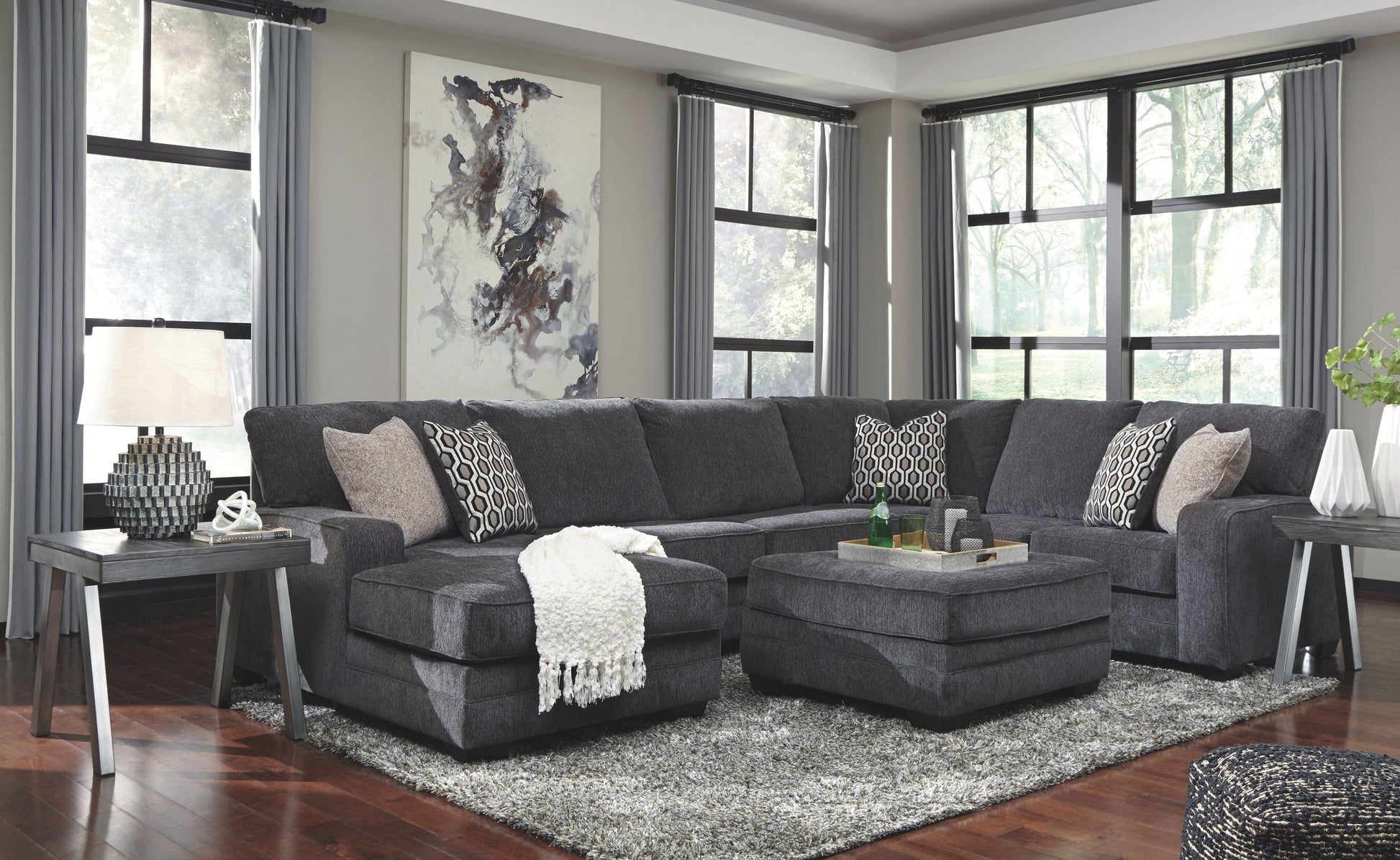 Modern Fabric 4 Piece Living Room Sets - Dark Gray - 4 Pc. - Left Arm Facing Corner Chaise, Armless Loveseat, Right Arm