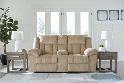 Beige Fabric Upholstered Reclining Loveseat - side view