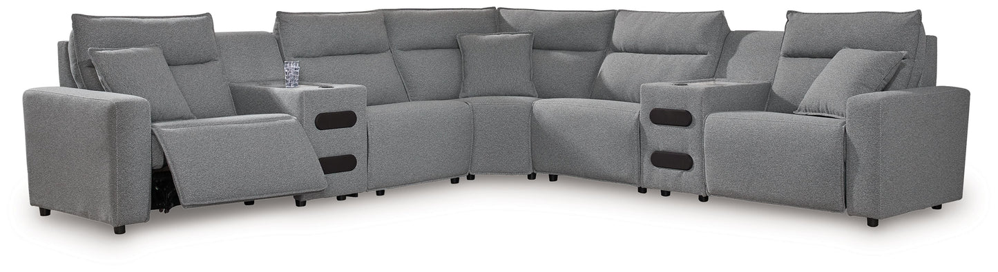 Modern Fabric Sectional - Salt and Pepper - 5 Pc. Power Reclining Sectional With RAF Zero Wall Power Recliner