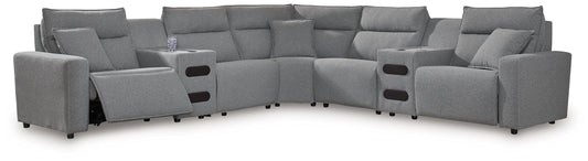 Modern Fabric Sectional - Salt and Pepper - 5 Pc. Power Reclining Sectional With RAF Zero Wall Power Recliner