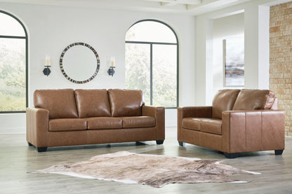 Caramel Faux Leather Upholstered Stationary Sofa And Loveseat - front view