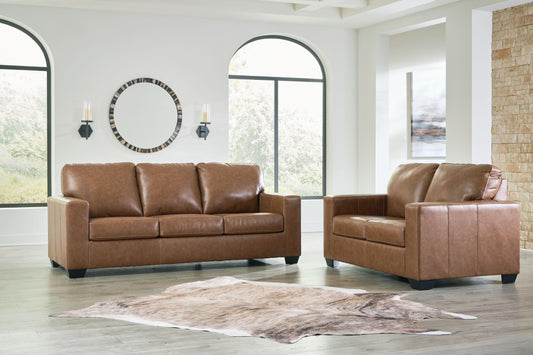 Caramel Faux Leather Upholstered Stationary Sofa And Loveseat - front view