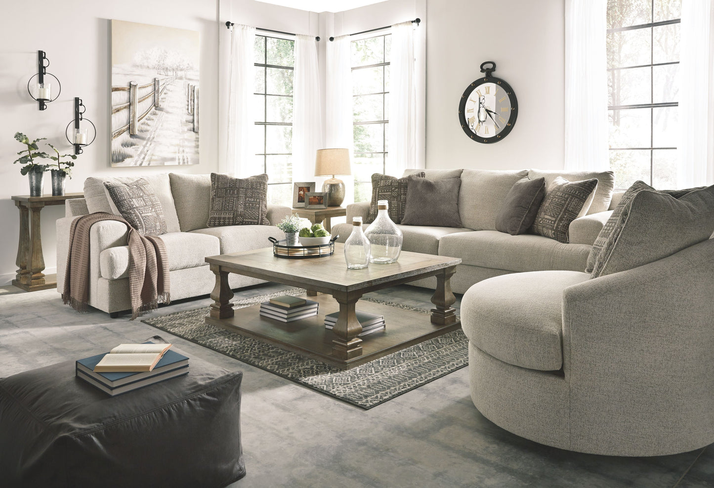 Casual Fabric 3 Piece Living Room Sets - Beige - 3 Pc. - Sofa, Loveseat, Swivel Accent Chair