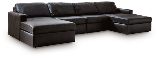 Modern Leather Match Sectional - Black - 8 Pc. Right Arm Facing Corner Chaise Sectional With Audio Consoles