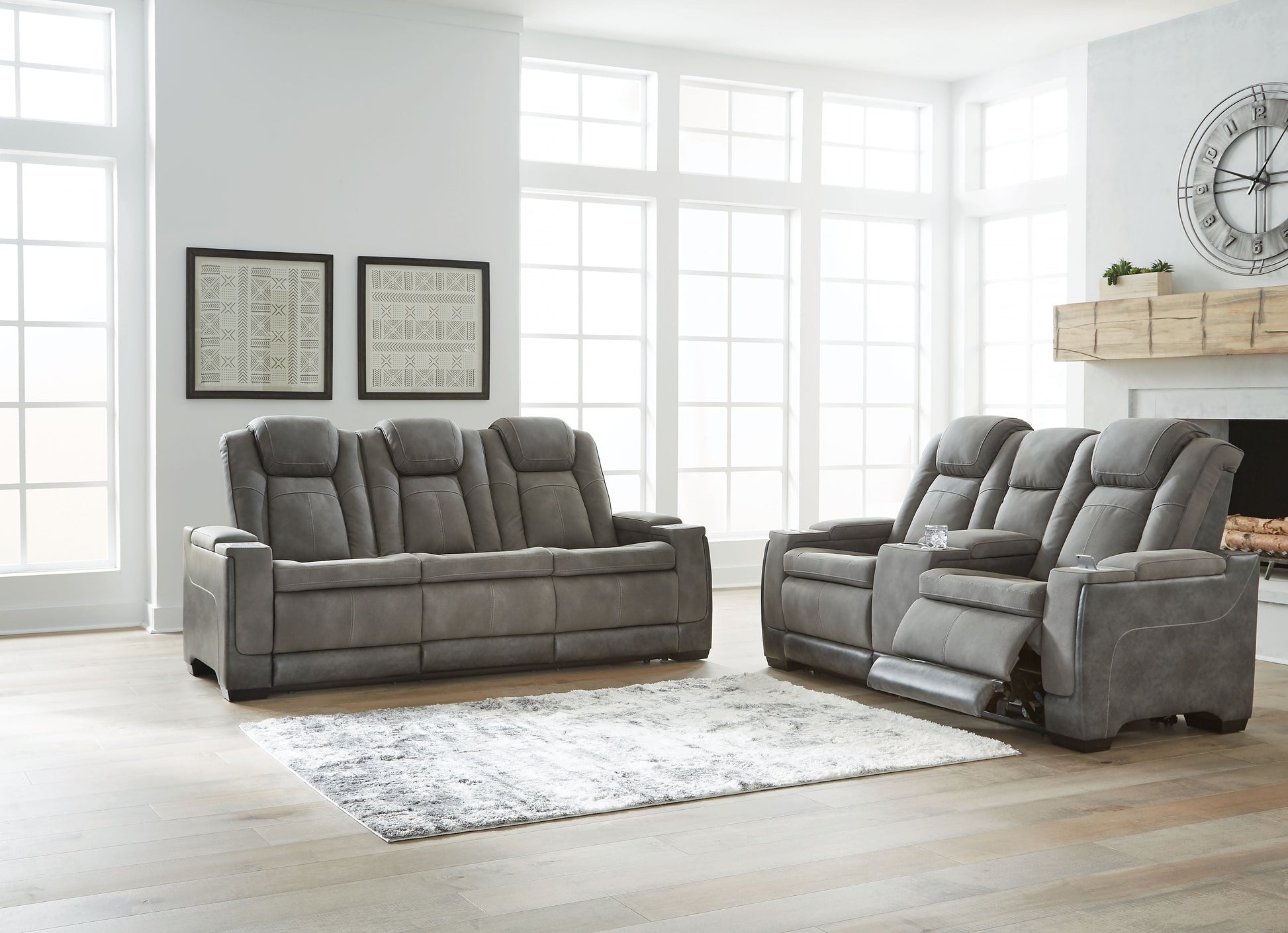 Sand Fabric Upholstered Reclining Sofa And Loveseat - side view