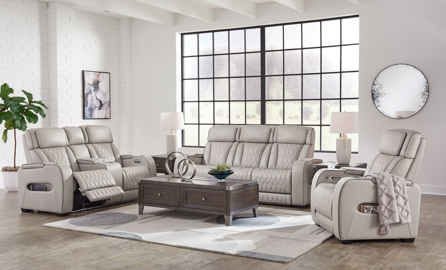 Modern Leather Match Sofa - Gray - 3 Pc. Sofa, Loveseat, Recliner