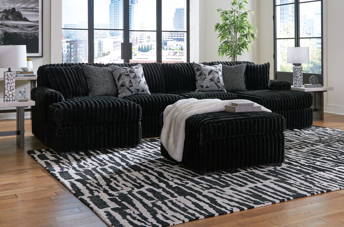 Modern Fabric 4 Piece Living Room Sets - Black - 4 Pc. - 3-Piece Sectional With Laf And Raf Corner Chaises, Ottoman