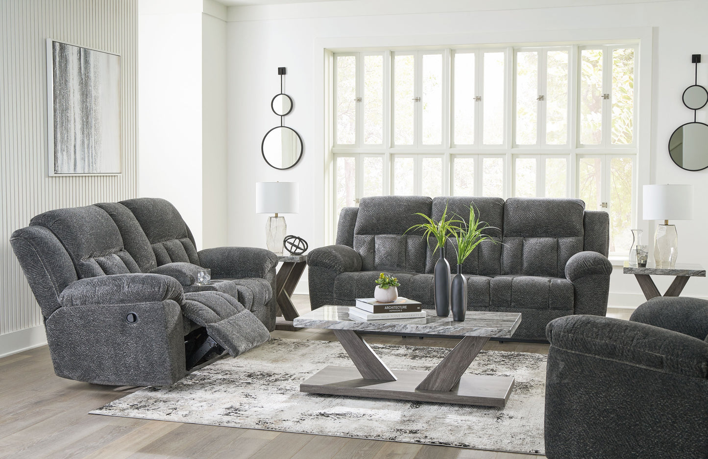 Modern Fabric Sofa - Dark Brown - 2 Pc. Reclining Sofa, Reclining Loveseat With Console