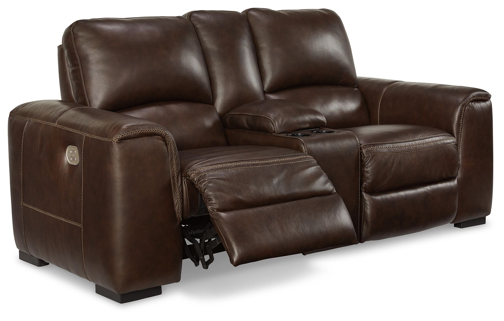 Dark Brown Leather Upholstered Reclining Loveseat - detail view