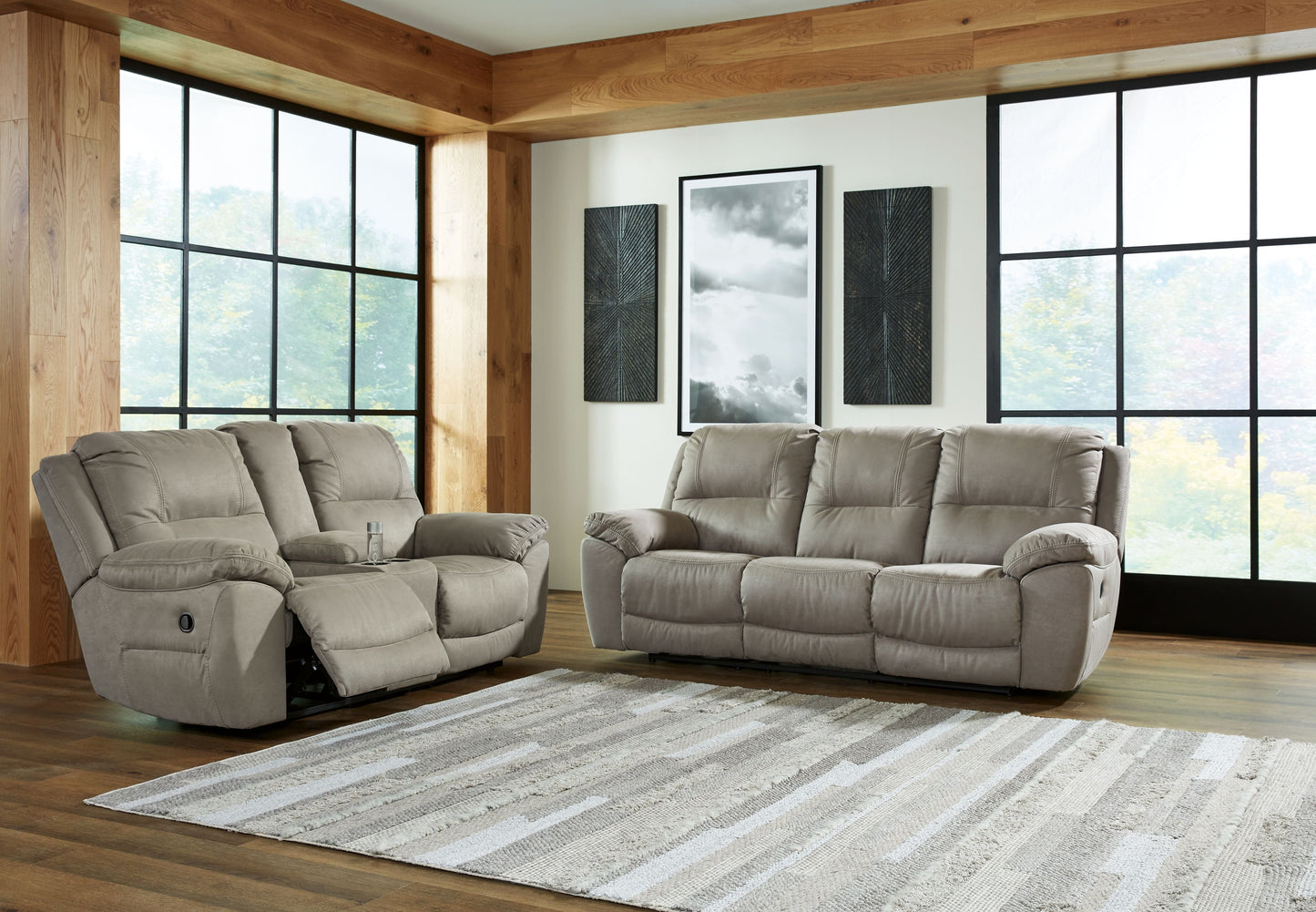 Putty Faux Leather Upholstered Reclining Sofa And Loveseat - front view