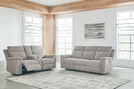 Ash Fabric Upholstered Reclining Sofa And Loveseat - front view