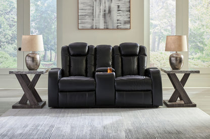 Midnight Faux Leather Upholstered Storage Reclining Loveseat - side view