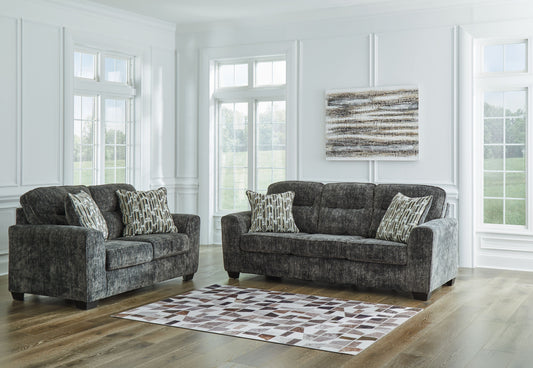 Dark Gray Fabric Upholstered Stationary Sofa And Loveseat - front view