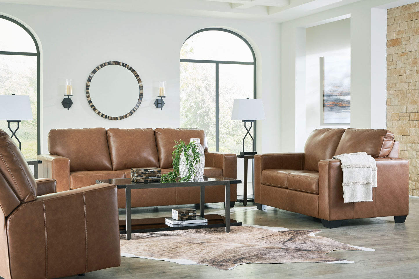 Caramel Faux Leather Upholstered Stationary Sofa And Loveseat - side view