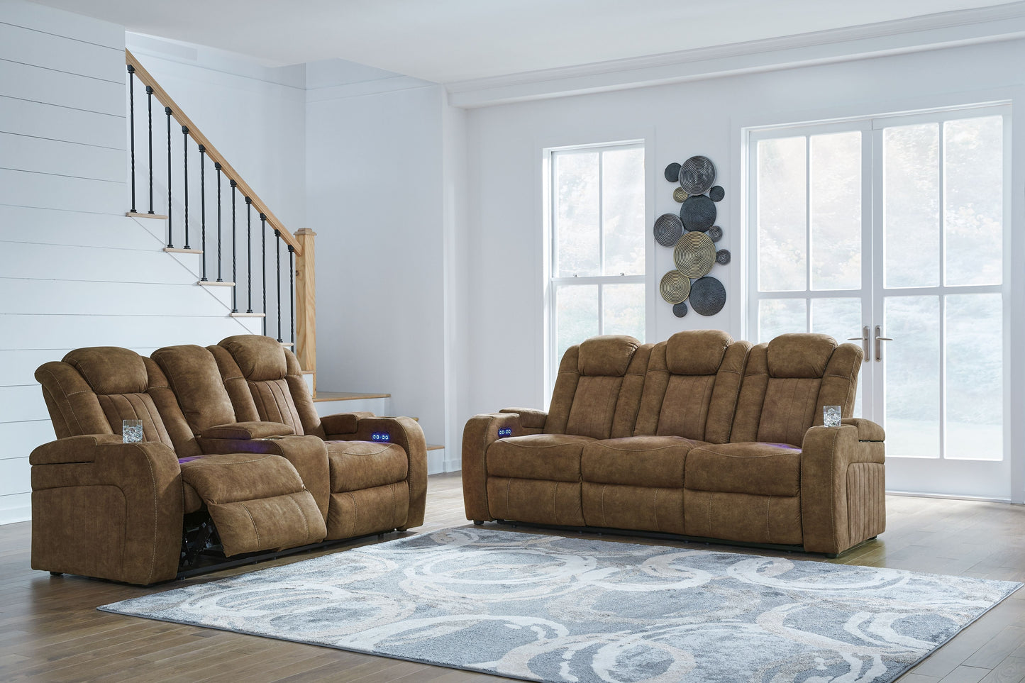 Brindle Fabric Upholstered Storage Reclining Sofa And Loveseat - front view