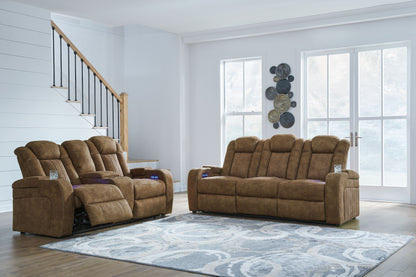 Brindle Fabric Upholstered Storage Reclining Sofa And Loveseat - front view
