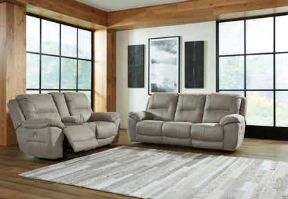 Beige Faux Leather Upholstered Reclining Sofa And Loveseat - front view