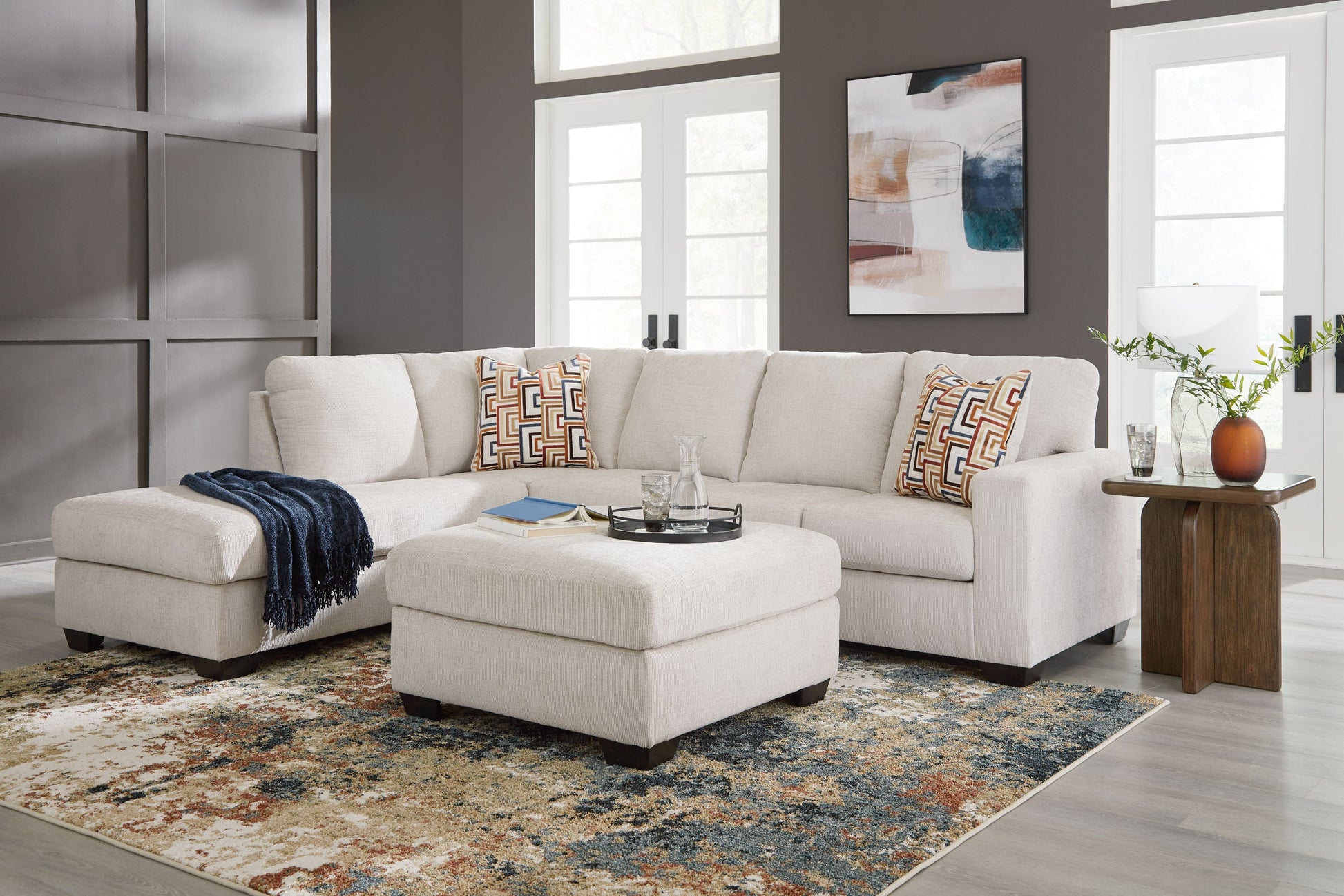 Casual Fabric 3 Piece Living Room Sets - Beige - 3 Pc. - 2-Piece Sectional With Laf Corner Chaise, Ottoman