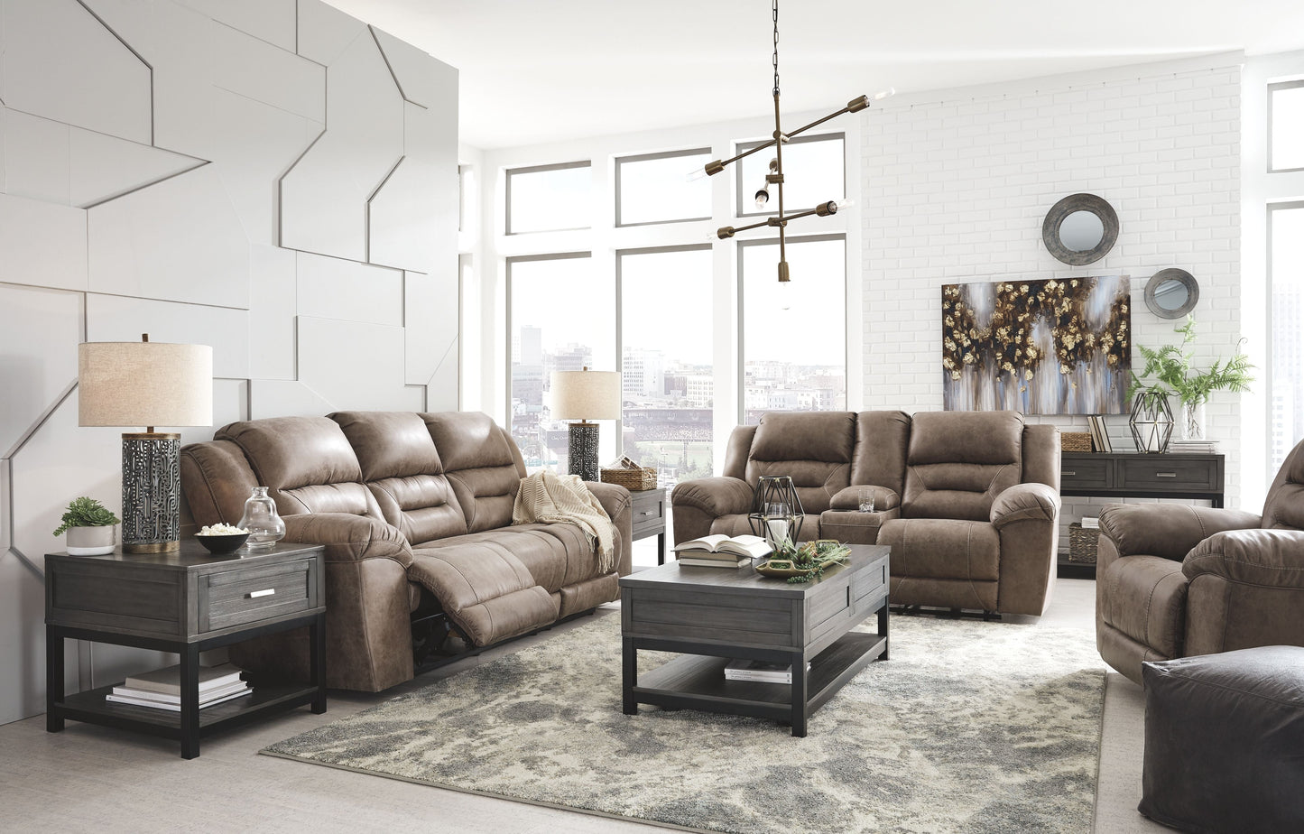 Modern Faux Leather 3 Piece Living Room Sets - Light Brown - 3 Pc. - Reclining Power Sofa, Double Reclining Power Loveseat