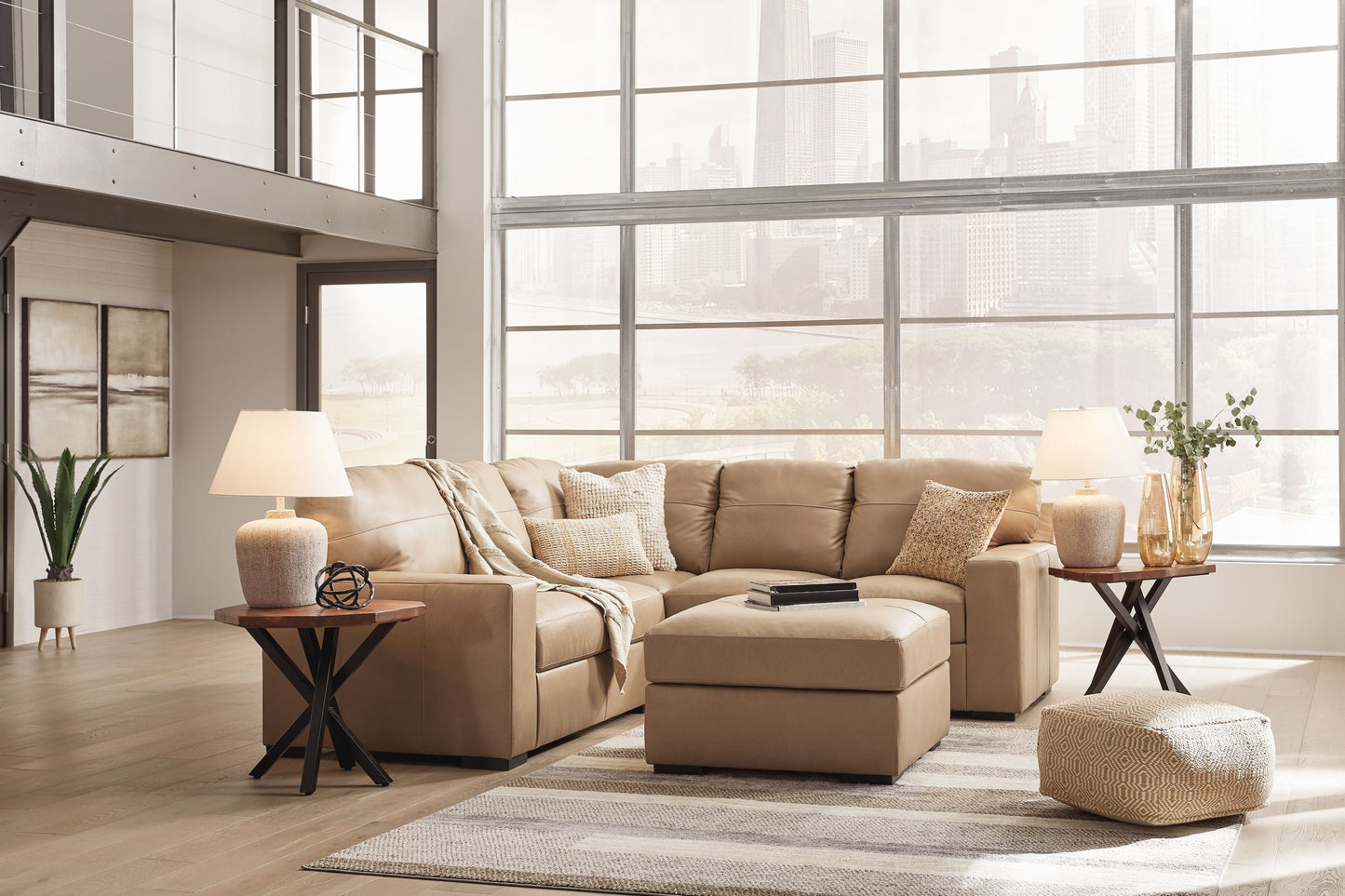 Modern Leather Match 3 Piece Living Room Sets - Light Brown - 3 Pc. - 2 Pc. Right Arm Facing Loveseat Sectional, Ottoman