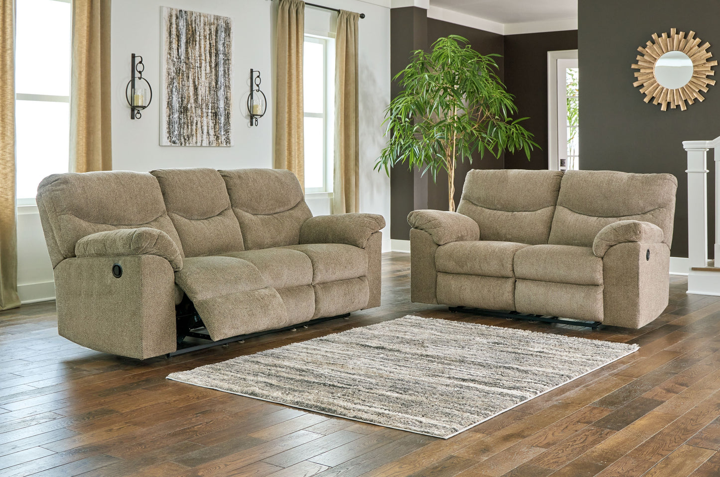 Putty Fabric Upholstered Reclining Sofa And Loveseat - detail view