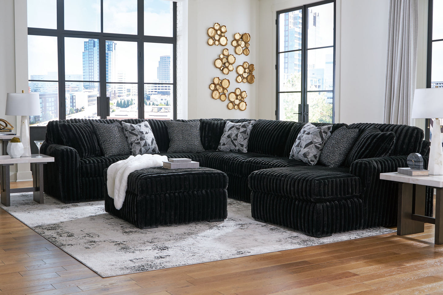 Modern Fabric 4 Piece Living Room Sets - Black - 4 Pc. - 2-Piece Sectional Sofa With Raf Corner Chaise, Chaise, Ottoman