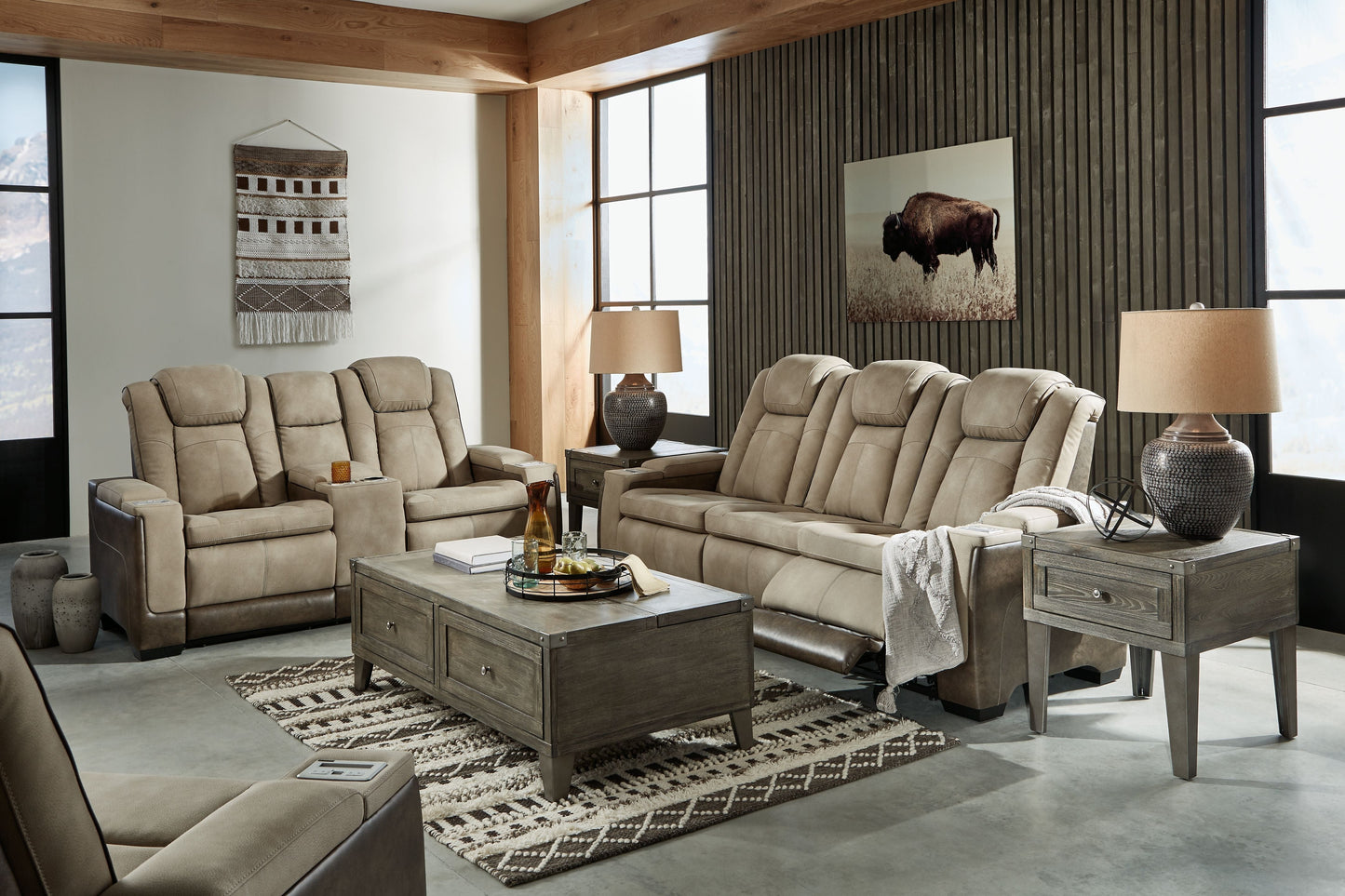 Sand Fabric Upholstered Reclining Sofa And Loveseat - detail view
