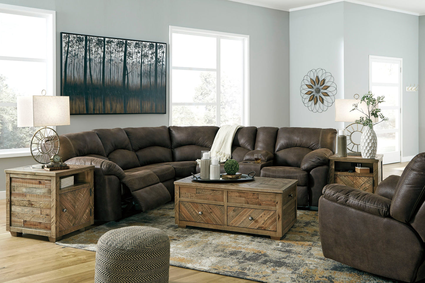Modern Faux Leather 3 Piece Living Room Sets - Dark Brown