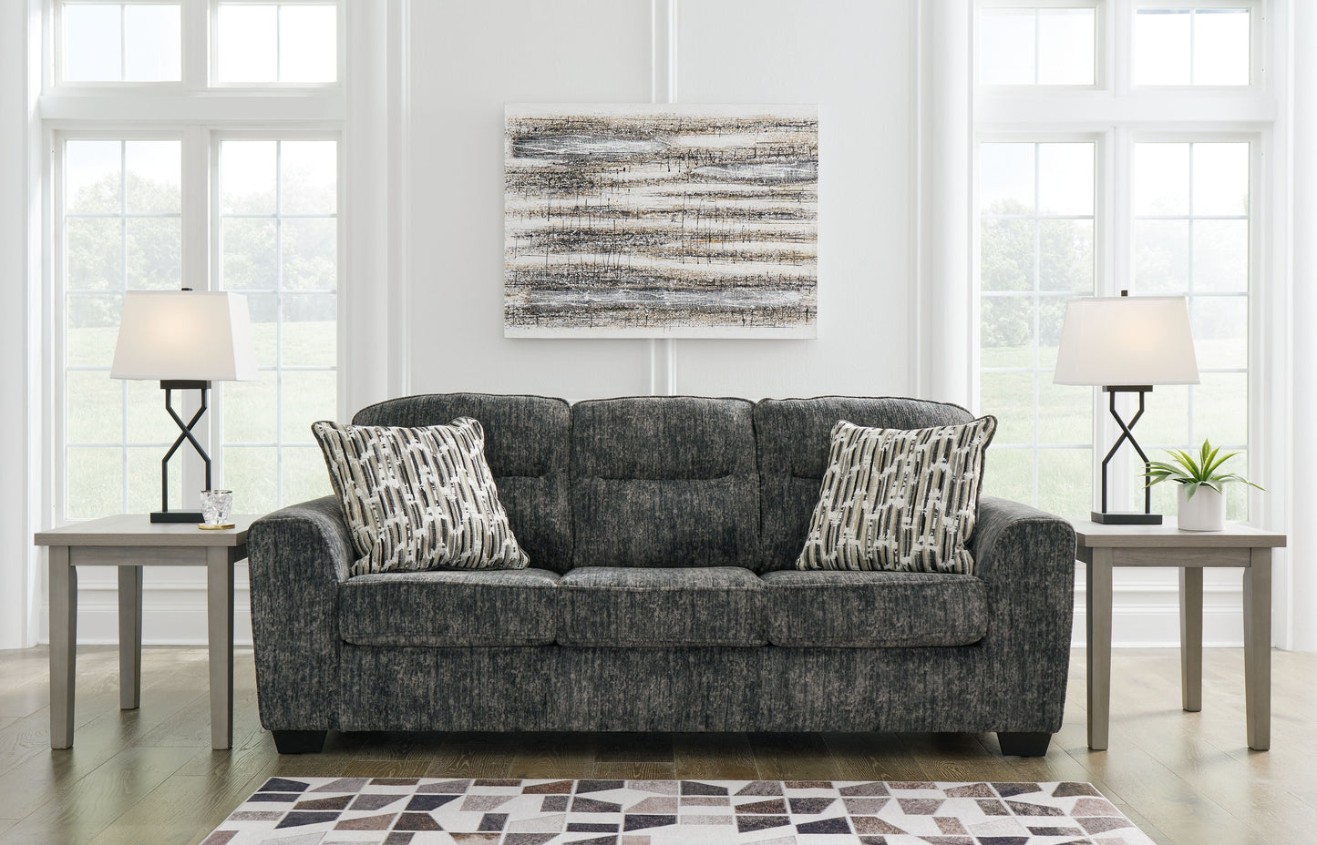 Dark Gray Fabric Upholstered Stationary Sofa And Loveseat - rear view