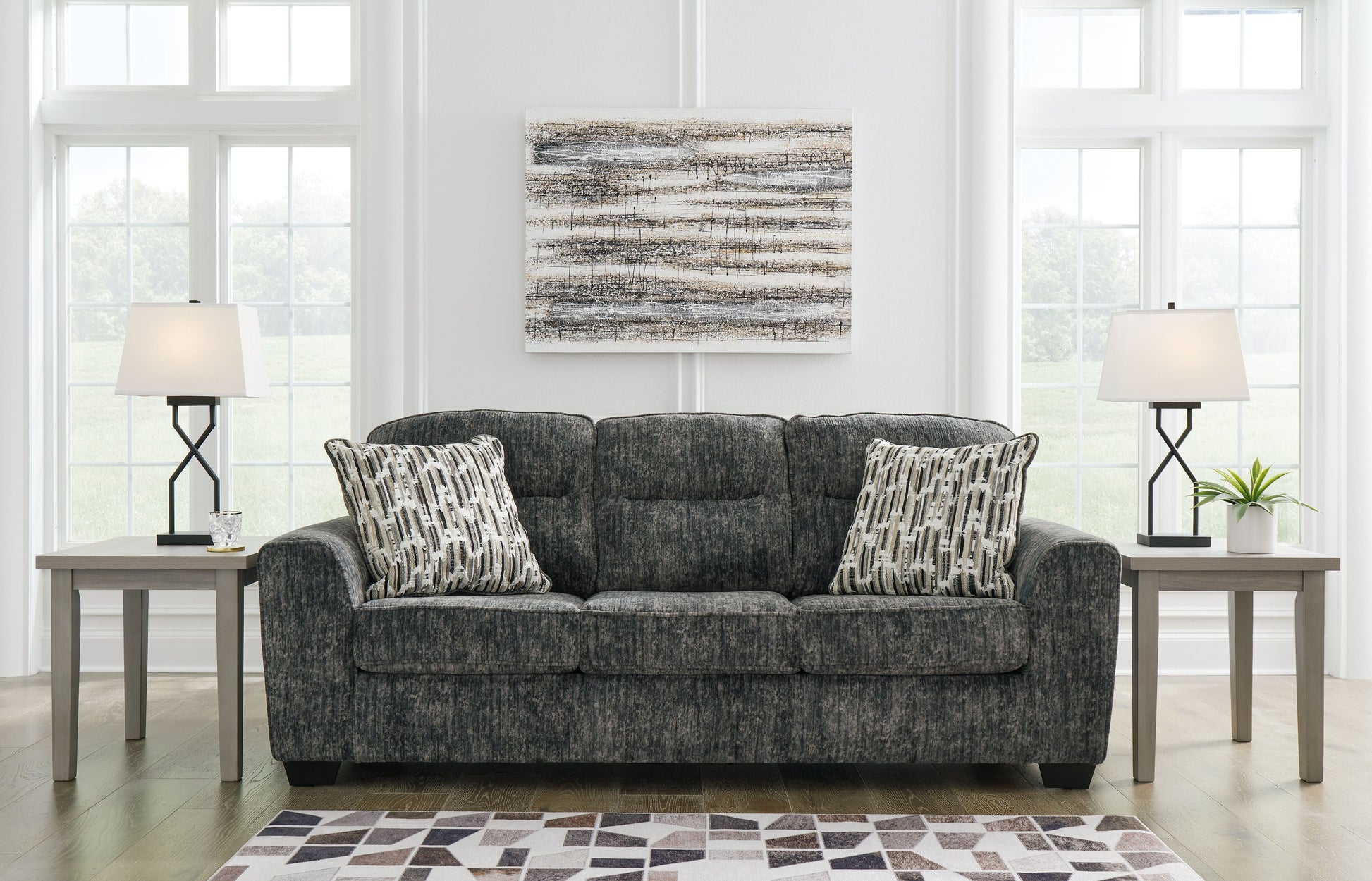 Dark Gray Fabric Upholstered Stationary Sofa And Loveseat - rear view