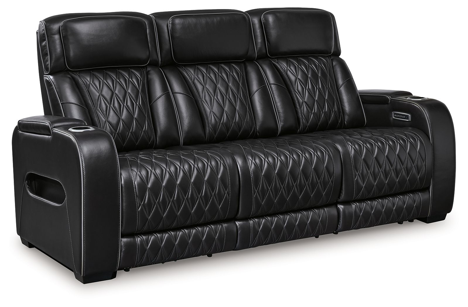 Black Leather Upholstered Reclining Sofa And Loveseat - detail view