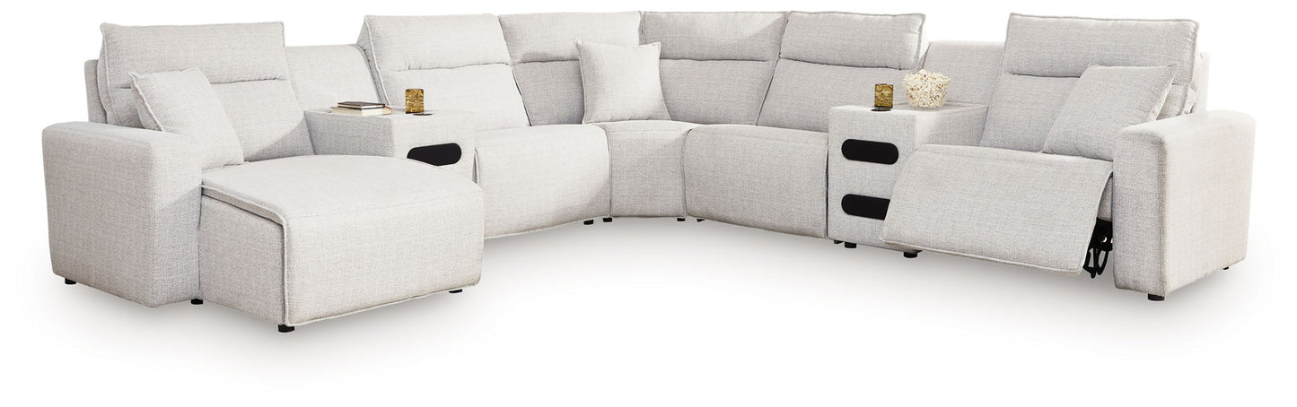 Modern Fabric Sectional - Gray - 6 Pc. Power Reclining Sectional With RAF Press Back Power Chaise And Audio Console