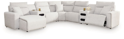 Modern Fabric Sectional - Gray - 6 Pc. Power Reclining Sectional With RAF Press Back Power Chaise And Audio Console