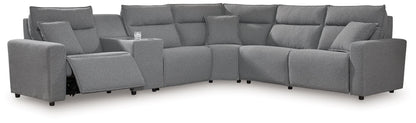 Modern Fabric Sectional - Salt and Pepper - 6 Pc. Power Reclining Sectional With LAF Power Chaise And Storage Console
