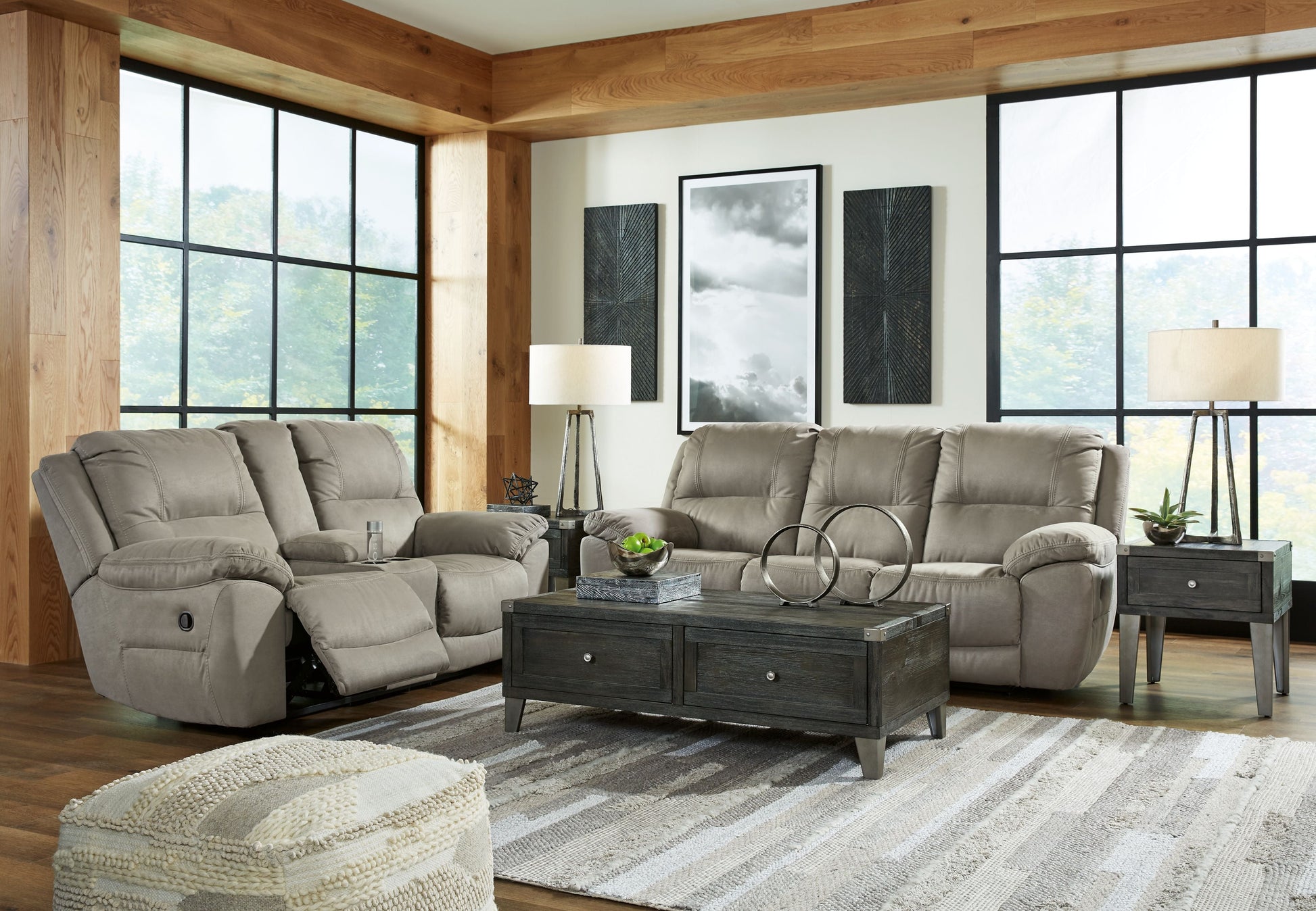 Putty Faux Leather Upholstered Reclining Sofa And Loveseat - rear view