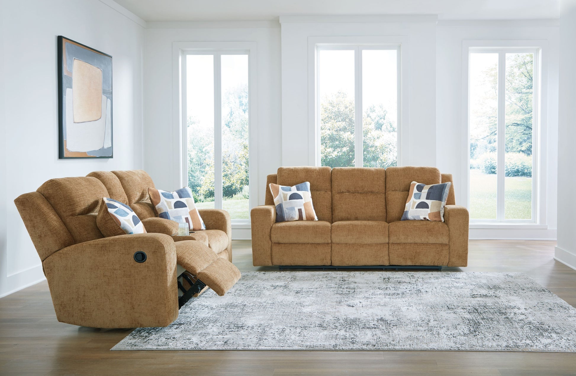 Modern Fabric Sofa - Light Brown - 2 Pc. Reclining Sofa, Reclining Loveseat With Console