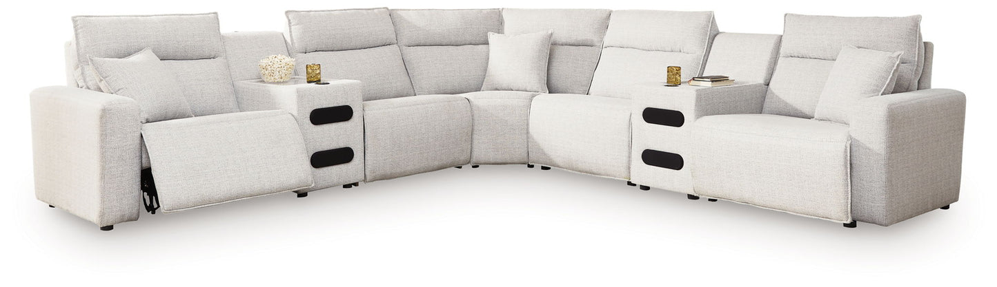 Modern Fabric Sectional - Gray - 7 Pc. Power Reclining Sectional With RAF Press Back Power Chaise And Audio Consoles