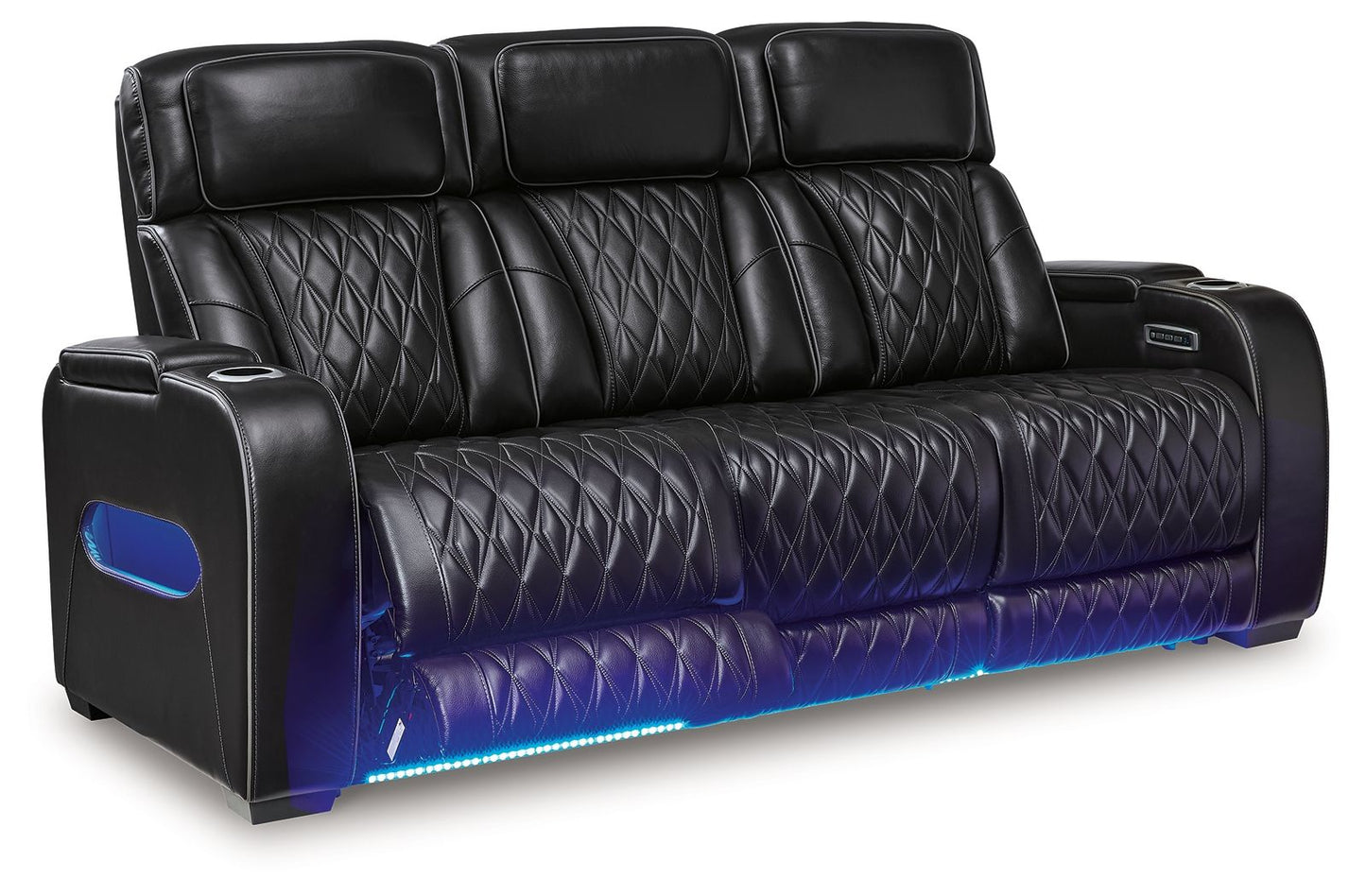 Black Leather Upholstered Reclining Sofa And Loveseat - rear view