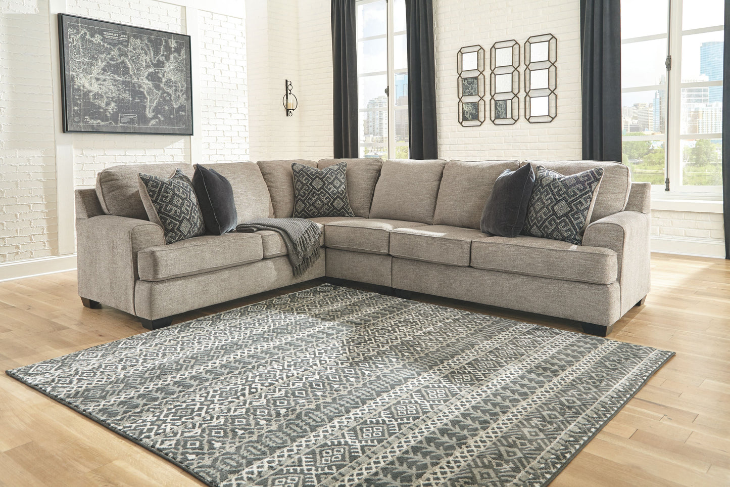 Casual Fabric Sectional - 3-Piece Sectional with Right-Arm Facing Loveseat - Stone