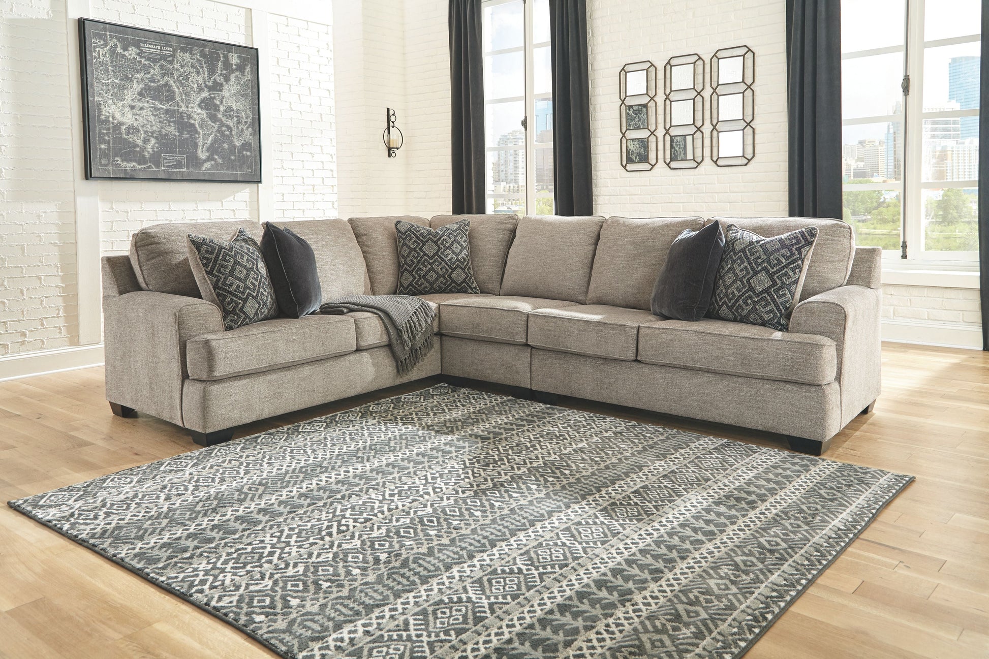 Casual Fabric Sectional - 3-Piece Sectional with Right-Arm Facing Loveseat - Stone