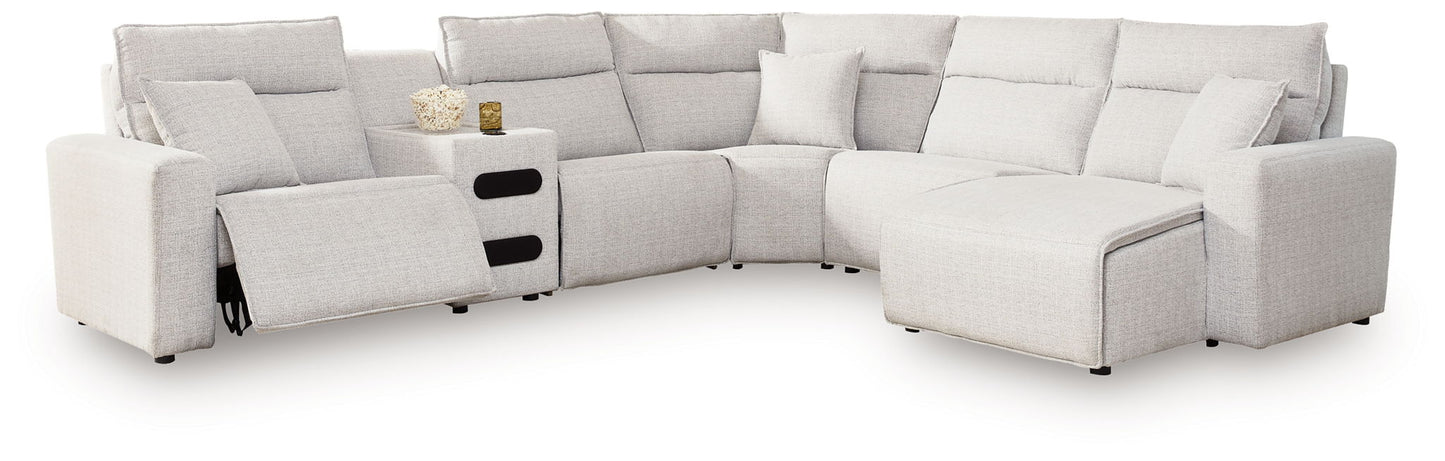 Modern Fabric Sectional - Gray - 6 Pc. Power Reclining Sectional With LAF Press Back Power Chaise And Audio Console