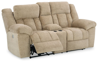 Beige Fabric Upholstered Reclining Loveseat - rear view