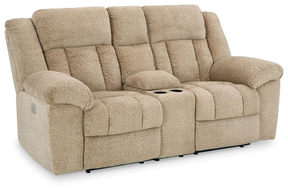 Beige Fabric Upholstered Reclining Loveseat - front view