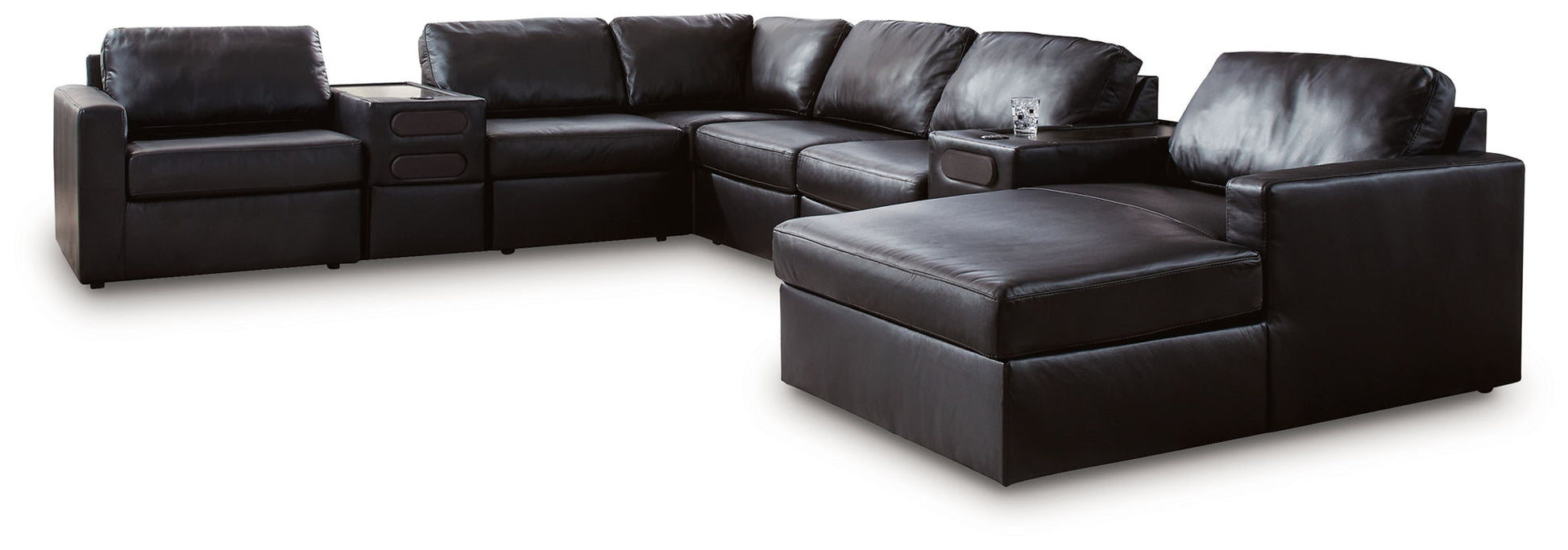 Modern Leather Match Sectional - Black - 8 Pc. Left Arm Facing Corner Chaise Sectional With Storage Consoles