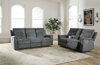 Ash Fabric Upholstered Reclining Sofa And Loveseat - rear view