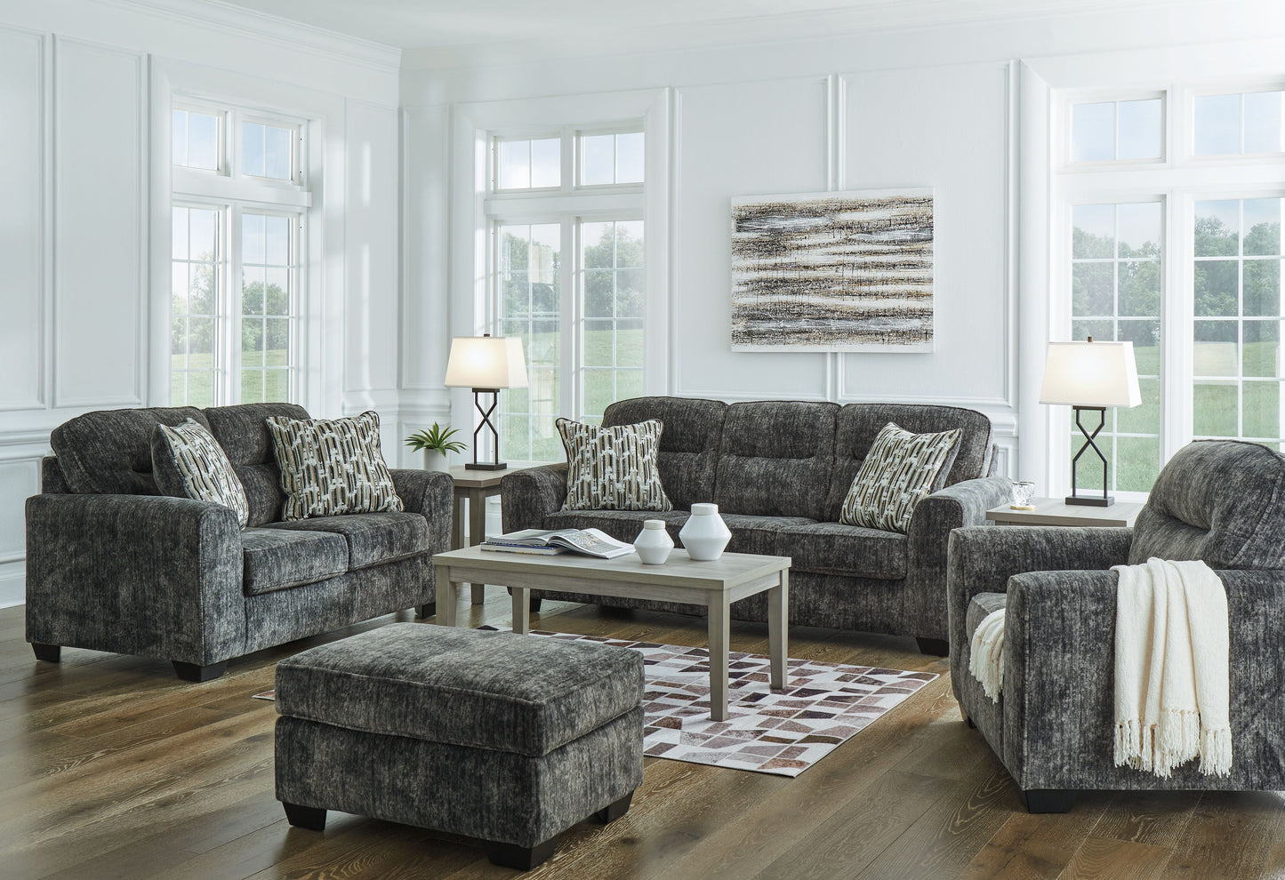 Dark Gray Fabric Upholstered Stationary Sofa And Loveseat - side view