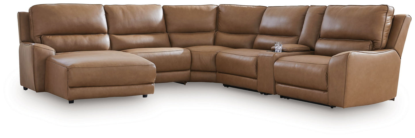 Modern Leather Match Sectional - Caramel - 6 Pc. Left Arm Facing Press Back Power Chaise Sectional Sofa