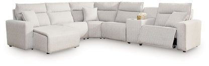 Modern Fabric Sectional - Gray - 7 Pc. Power Reclining Sectional With LAF Press Back Power Chaise And Audio Consoles